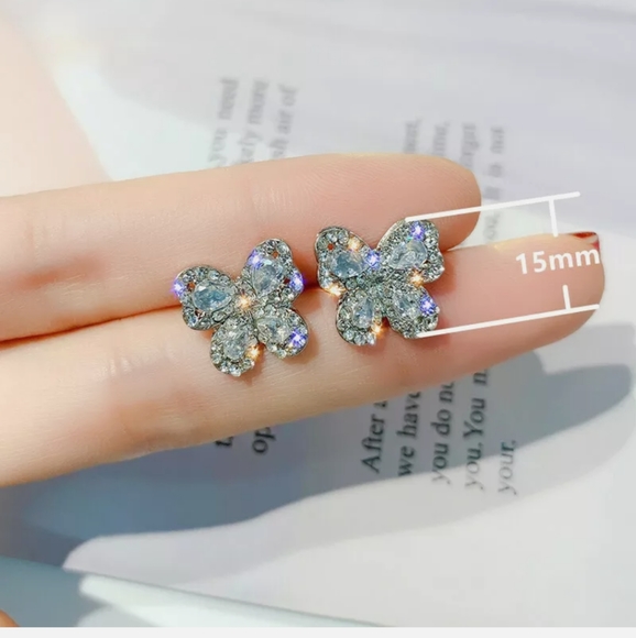 Butterfly Stud Simulated Goldtone Sapphires Earrings - Picture 4 of 7